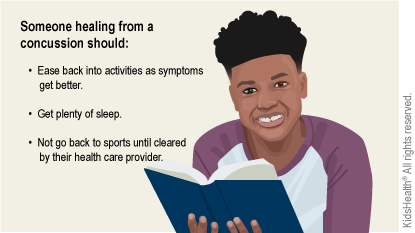 Someone healing from a concussion should:  Ease back into activities as symptoms get better. Get plenty of sleep. Not go back to sports until cleared by their health care provider.