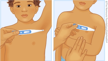 Child getting temperature taken from armpit.